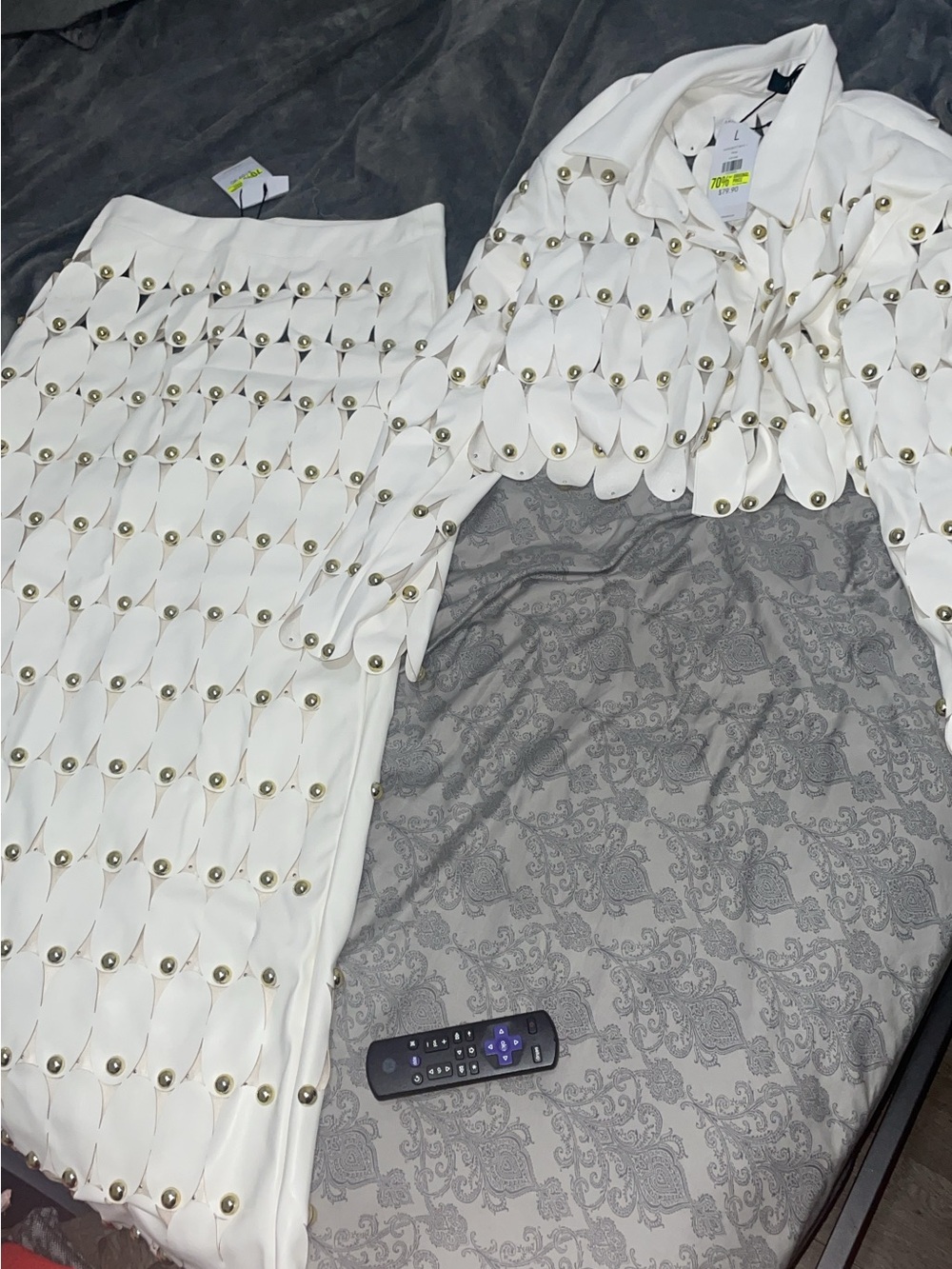 AKIRA White Pencil Skirt with Gold-Tone Stud Detailing
